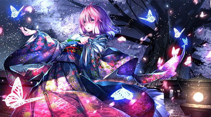 gadis anime berambut ungu mengenakan gaun kimono biru, anime, gadis anime, kupu-kupu, kimono, Touhou, Saigyouji Yuyuko, Wallpaper HD