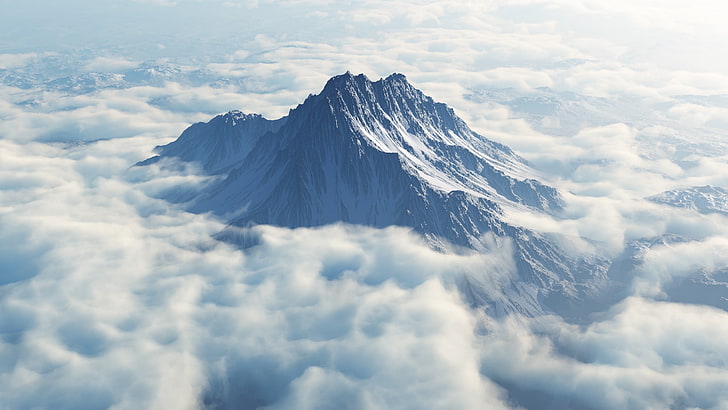 заснеженные горы цифровые обои, горы, снежная вершина, облака, снег, HD обои
