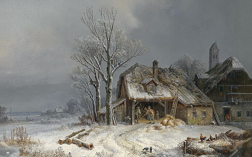 1865, สีน้ำมันบนผ้าใบ, Henry Burkel, Winter Village, หมู่บ้าน Wintry, Heinrich Bürkel, ในยุ้งข้าวถูกนวด, ประเภทของเยอรมันและจิตรกรภูมิทัศน์, ในยุ้งข้าวนวดข้าว, ประเภทเยอรมันและจิตรกรภูมิ, วอลล์เปเปอร์ HD HD wallpaper