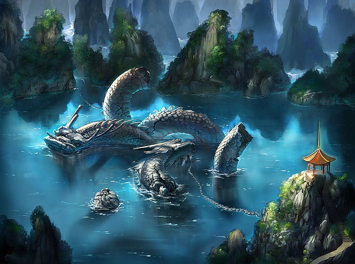 серый дракон на водоеме цифровые обои, фэнтези арт, озеро, скалы, HD обои