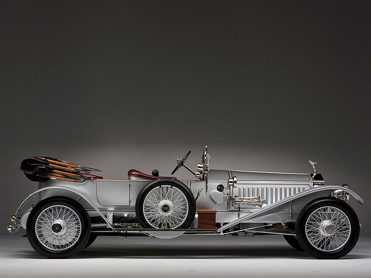 vintage grå bil, 1915, spöke, l e, lyx, retro, rullar, royce, silver, tourer, hjul, hjul, HD tapet
