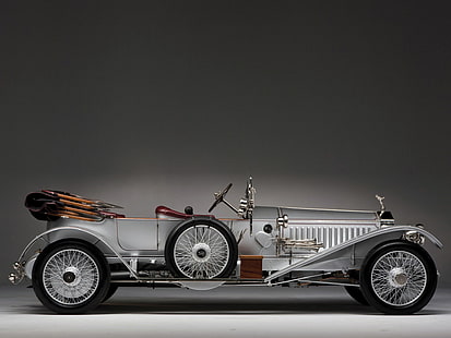 vintage grå bil, 1915, spöke, l e, lyx, retro, rullar, royce, silver, tourer, hjul, hjul, HD tapet HD wallpaper