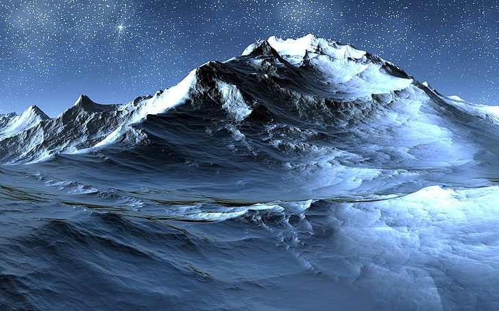 worm's eye view of snow mountain during nighttime, nature, mountains, digital art, space art, stars, snow, landscape, HD wallpaper