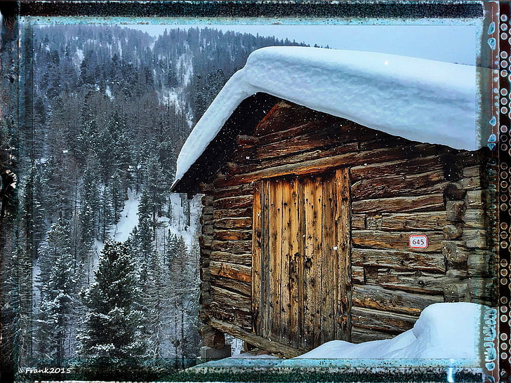 brązowy obraz w ramie drewnianej przedstawiający biały betonowy dom, Livigno, śnieg, Tapety HD