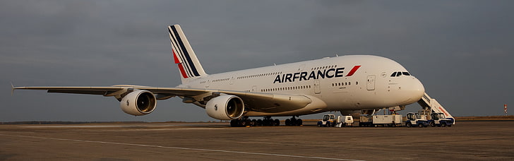 white Airfrance airplane, Air France, Airbus A-380-861, A380, Airbus, airplane, aircraft, dual monitors, multiple display, HD wallpaper