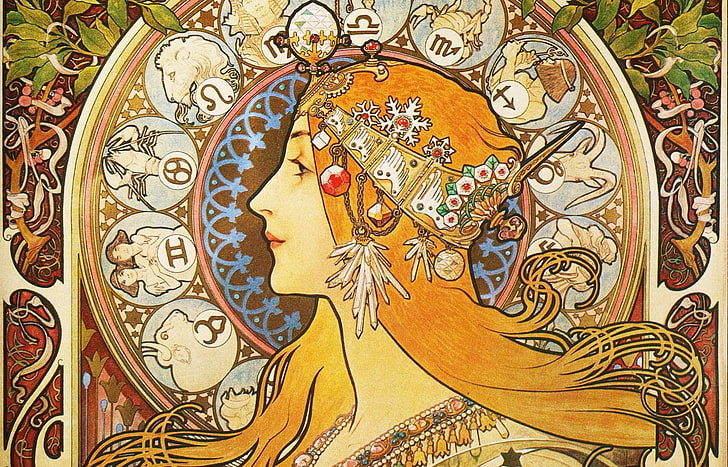 figura, malarstwo, Zodiak, Alphonse Mucha, Alfons Maria Mucha, wizerunek kobiety, Tapety HD