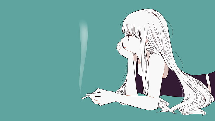 anime, anime girls, manga, turquoise, turquoise background, simple background, white hair, cigarettes, shirt, HD wallpaper