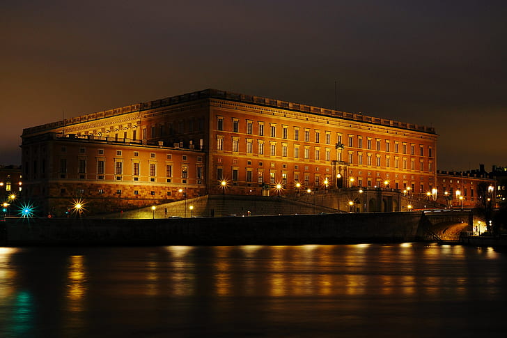 malam, lampu, Stockholm, Swedia, balkon, Istana Kerajaan, Wallpaper HD