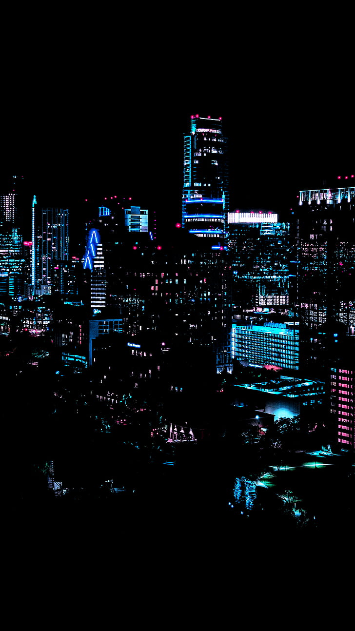 miasto, noc, ciemno, budynek, światła, niebieski, światła miejskie, pionowy, portretowy, czarny, Tapety HD, tapety na telefon