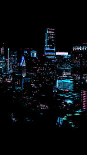 ville, nuit, sombre, bâtiment, lumières, bleu, lumières de la ville, vertical, affichage de portrait, noir, Fond d'écran HD HD wallpaper