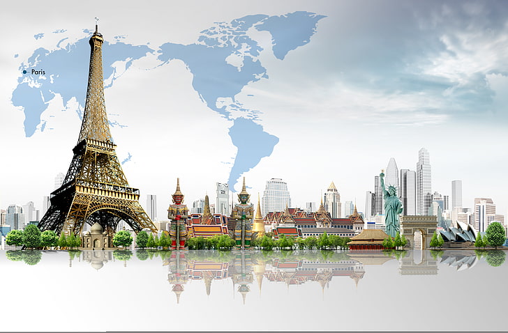 ilustrasi tengara, pohon, bangunan, candi, menara Eiffel, patung kebebasan, gedung pencakar langit, Wallpaper HD