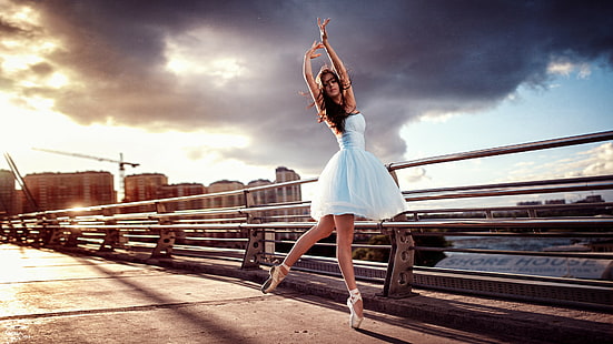dancing, Georgy Chernyadyev, brunette, women, Anastasiya Malakhova, model, dress, ballerina, HD wallpaper HD wallpaper