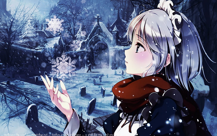 Touhou, Izayoi Sakuya, maid, cemetery, scarf, snow flakes, anime girls, ke-ta, HD wallpaper