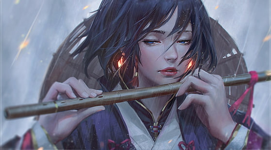 personnage d'anime féminin aux cheveux noirs, anime girl, flûte, semi réaliste, yeux bleus, pleuvoir, Anime, Fond d'écran HD HD wallpaper