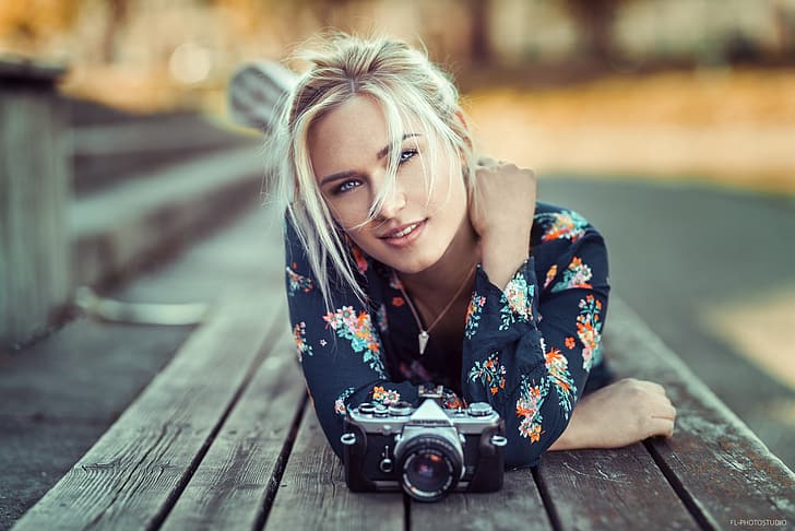girl, photo, photographer, blue eyes, camera, model, lips, face, blonde, smiling, necklace, portrait, mouth, open mouth, depth of field, Lods Franck, Eva Mikulski, lying on front, HD wallpaper