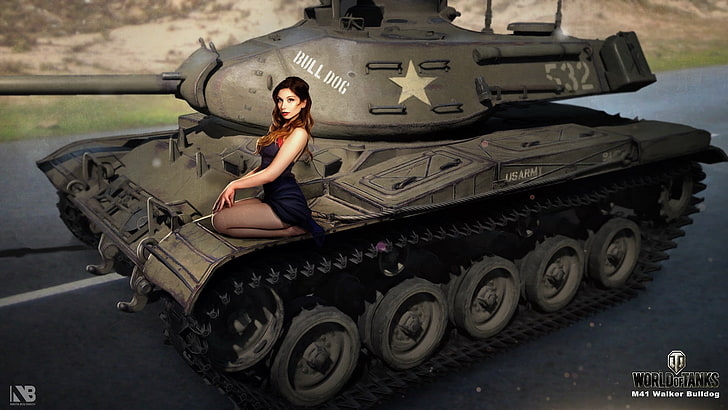 Мир танков иллюстрация, дорога, девушка, фигура, легкий, арт, бульдог, танк, американка, World of Tanks, Никита Боляков, М 41 Walker Bulldog, HD обои