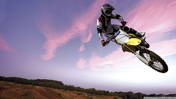 vit och gul motocross smutscykel, #rmz, smutscyklar, fullface, sport, HD tapet