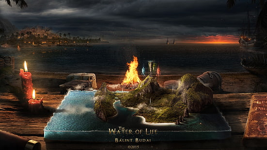 Fond d'écran numérique The Water of Life, magie, voilier, île, vie, éléments, mer, Nassau, bougies, tonneaux, bateau, palmiers, livres, nuit, feu de camp, Fond d'écran HD HD wallpaper