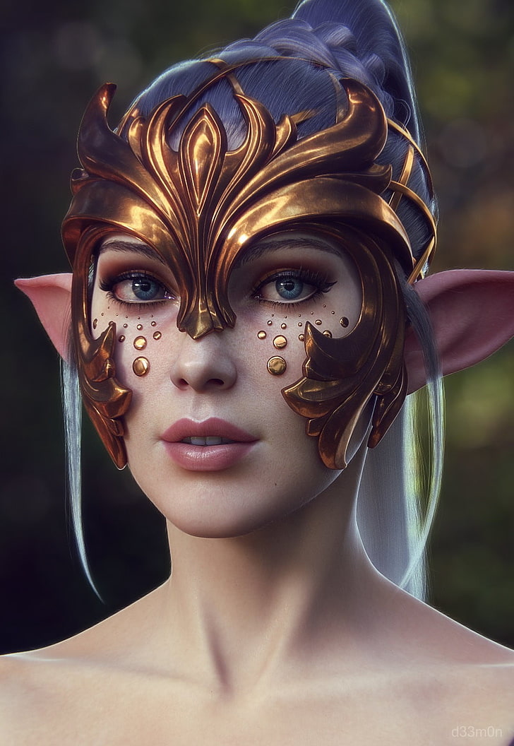 maschera da donna color ottone, elfi, fantasy art, Sfondo HD, sfondo telefono