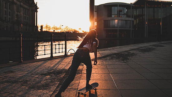 skate, ragazza, skateboard, fotografia, area urbana, leggero, cielo, strada, sera, fotografia, lungomare, tramonto, luce del sole, strada, Sfondo HD HD wallpaper