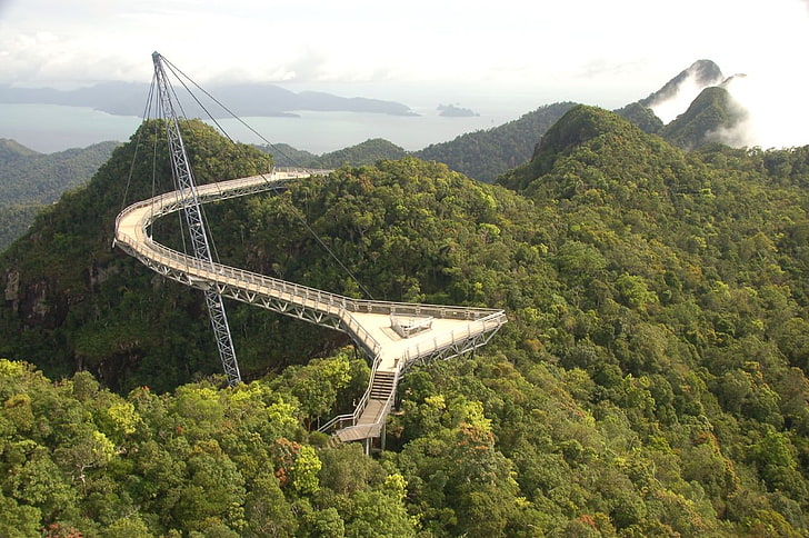 przyroda, krajobraz, fotografia, most, drzewa, las, wzgórze, Langkawi Sky Bridge, mgła, Azja, Malezja, morze, Tapety HD