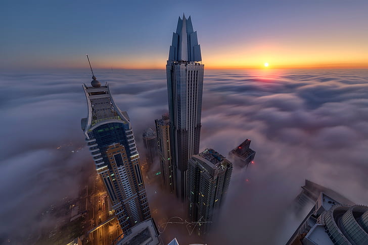 도시, 안개, 두바이, 고층 빌딩, UAE, 상단, HD 배경 화면