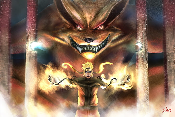 Chakra Creature Kyuubi: Nine Tailed Fox Anime Naruto HD Art, Demon, същество, зъби, уши, чакра, Fow, HD тапет
