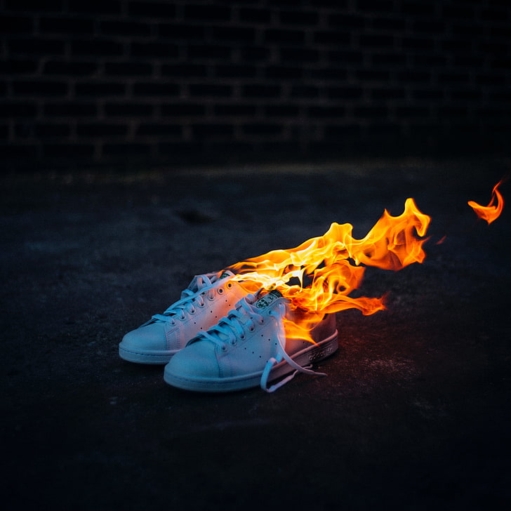pair of white sneakers, sneakers, fire, flame, HD wallpaper