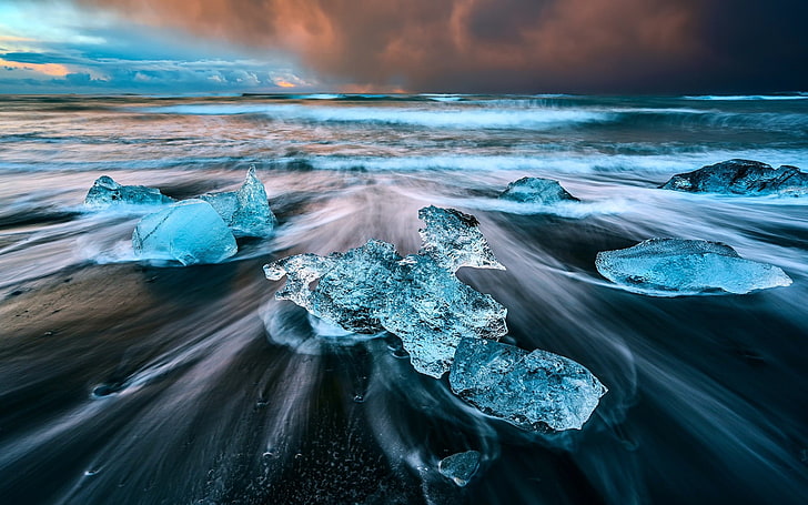 blue stones, nature, ice, water, sea, waves, long exposure, Iceland, beach, cyan, HD wallpaper