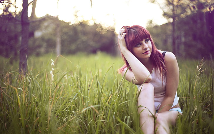 women's white top, garrett meyers, red-haired, grass, field, dream, HD wallpaper