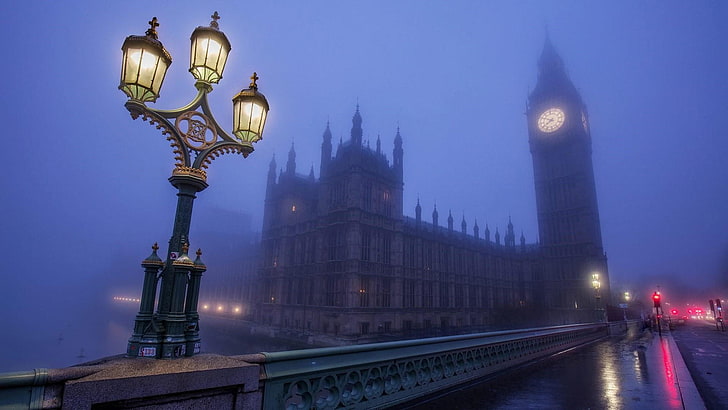 niebla, puente de Westminster, Reino Unido, Londres, Big Ben, Europa, niebla, edificio, paisaje urbano, noche, punto de referencia, palacio de Westminster, torre, ciudad, lluvia, aguja, metrópoli, luz de la calle, atracción turística, cielo, Fondo de pantalla HD