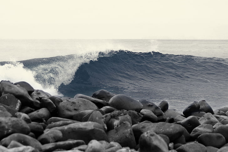 banyak batu hitam, gelombang, pewarnaan selektif, Samudra Pasifik, batu, Wallpaper HD