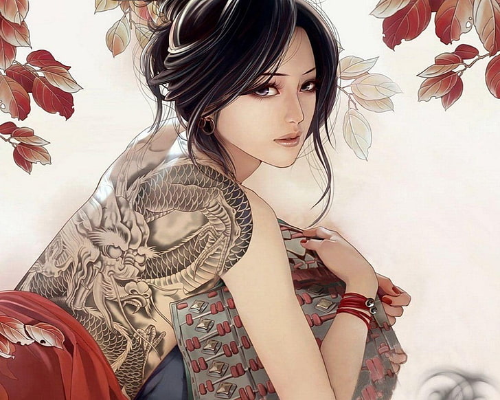 black haired woman anime painting, tattoo, HD wallpaper