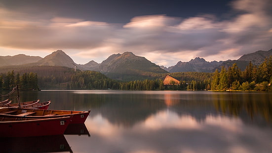 body of water, lake, nature, boat, mountains, sky, reflection, water, landscape, HD wallpaper HD wallpaper
