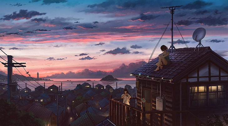 dwie animowane postacie kobiece obok tapety brązowy dom, krajobraz, anime dziewczyny, zachód słońca, światła, Tapety HD