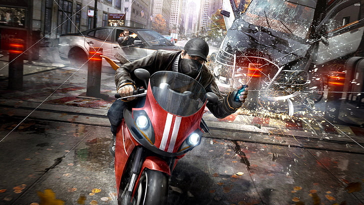 video game wallpaper, Watch_Dogs, Ubisoft, Aiden Pearce, video games, motorcycle, artwork, HD wallpaper