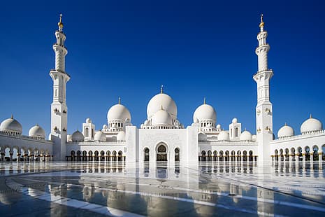 le ciel, réflexion, mosquée, Abu Dhabi, Émirats arabes unis, la grande mosquée Sheikh Zayed, mosquée Sheikh Zayed, Fond d'écran HD HD wallpaper