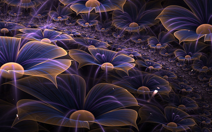 purple-and-brown flowers illustration, flowers, lights, fantasy, abstraction, graphics, HD Wallpapers, HD wallpaper