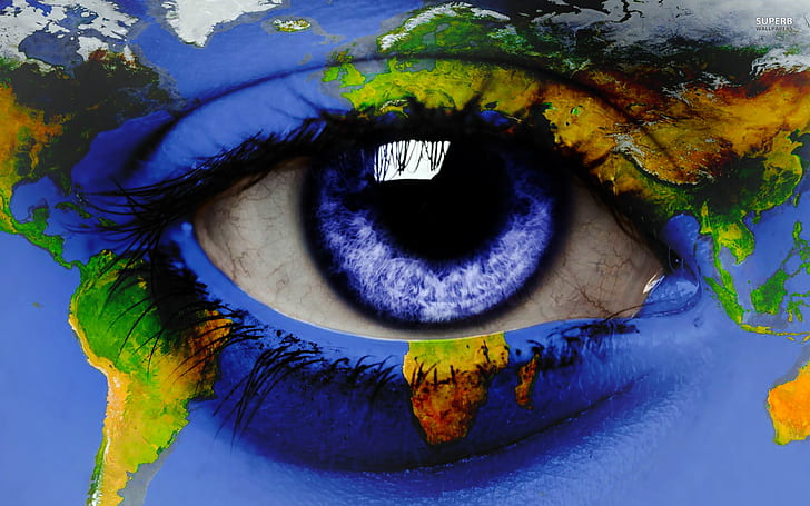 mata, bulu mata, seni digital, peta dunia, mata biru, benua, Amerika Utara, Afrika, Amerika Selatan, Eropa, Asia, Australia, Wallpaper HD