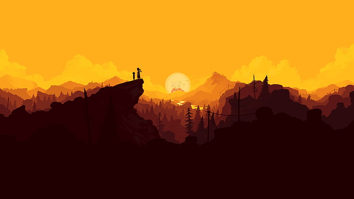 mountains and trees wallpaper, brown mountains during golden hour, wubalubadubdub, mountains, Gamer, Rick and Morty, sunset, river, Firewatch, HD wallpaper