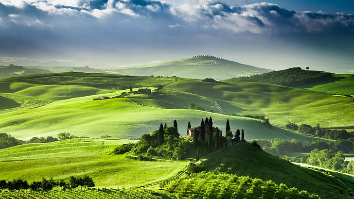 fält, terrasser, moln, landskap, Italien, Toscana, kullar, HD tapet