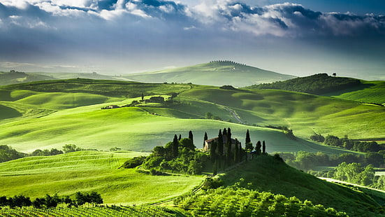 field, terraces, clouds, landscape, Italy, Tuscany, hills, HD wallpaper HD wallpaper