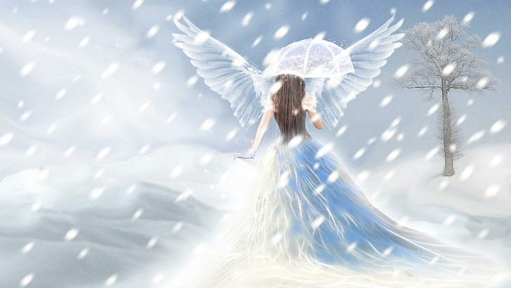 Snow Angel, anioł śnieżny trzymający parasolkę, skyphoenixx1, obraz, fantastyczny, czarujący, miły, kobieta, anioł, śnieg, ładna, grafika, Tapety HD