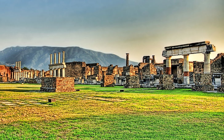 gray and brown ruins, greece, ruins, grass, pillars, stone, hdr, HD wallpaper