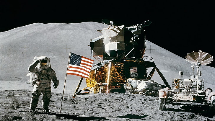 Нийл Армстронг възпоменателна снимка, Луна, астронавт, НАСА, американско знаме, HD тапет