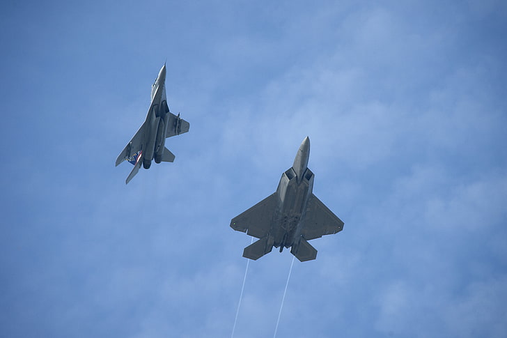 due aerei da combattimento grigi, F22-Raptor, Mig-29UB, aerei militari, militari, caccia a reazione, Mikoyan MiG-29, Lockheed Martin F-22 Raptor, Sfondo HD