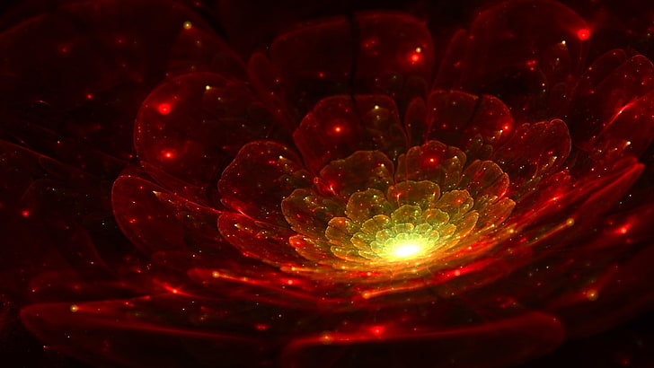 red and yellow illustration, abstract, digital art, 3D, red, fractal flowers, petals, lights, HD wallpaper