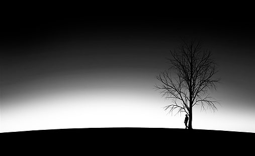 Einsam, Silhouette des Mannes unter kahlem Baum, Aero, Vektorgrafiken, traurig, Dunkelheit, Fantasie, einsam, allein, HD-Hintergrundbild HD wallpaper