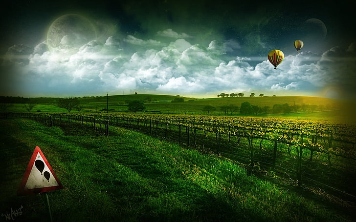 green and white floral textile, digital art, hot air balloons, sign, space art, landscape, HD wallpaper