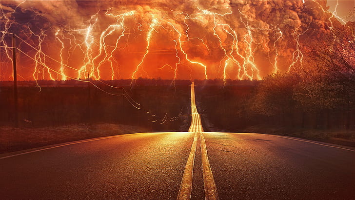 road lightning thunder storm digital art, HD wallpaper
